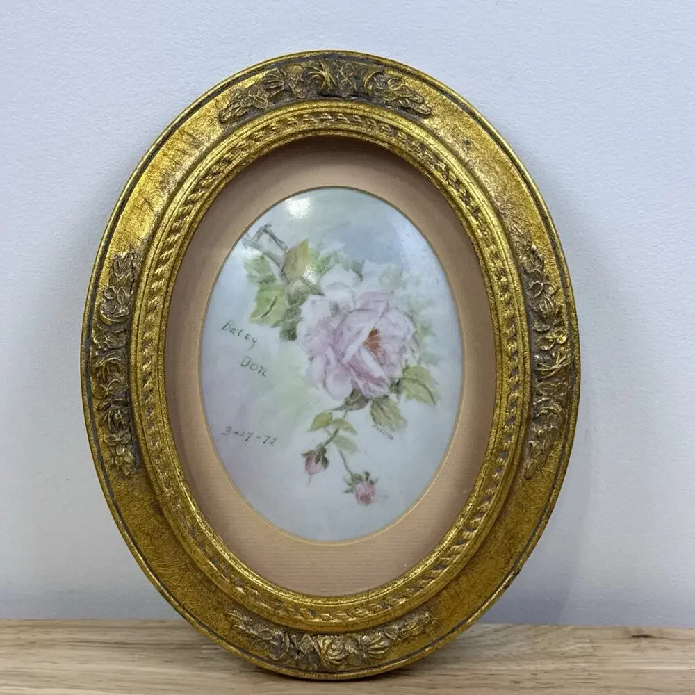 Vintage Gold Gilt Victorian Oval Frame with Painted Porcelain Rose Art 10”
